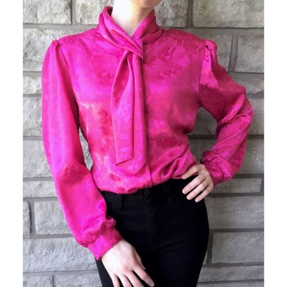 Vibrant Hot Pink Vintage 80s Secretary Button Up Blouse - Picture 1 of 6